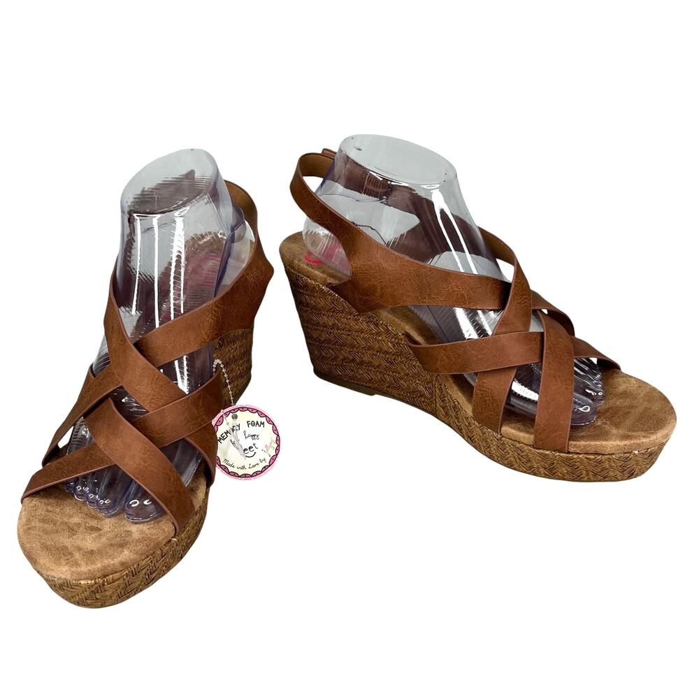 Jellypop Sandals Platform Wedge Memory Foam Springs Cognac Distress 11M New